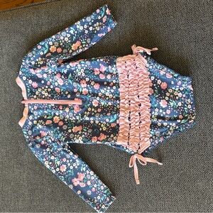 Ruffle Butts floral with light pink ruffles long  sleeve one piece swimsuit